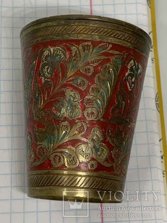 Старинный англо-индийский гравированный латунный стакан Эмали, фото №11