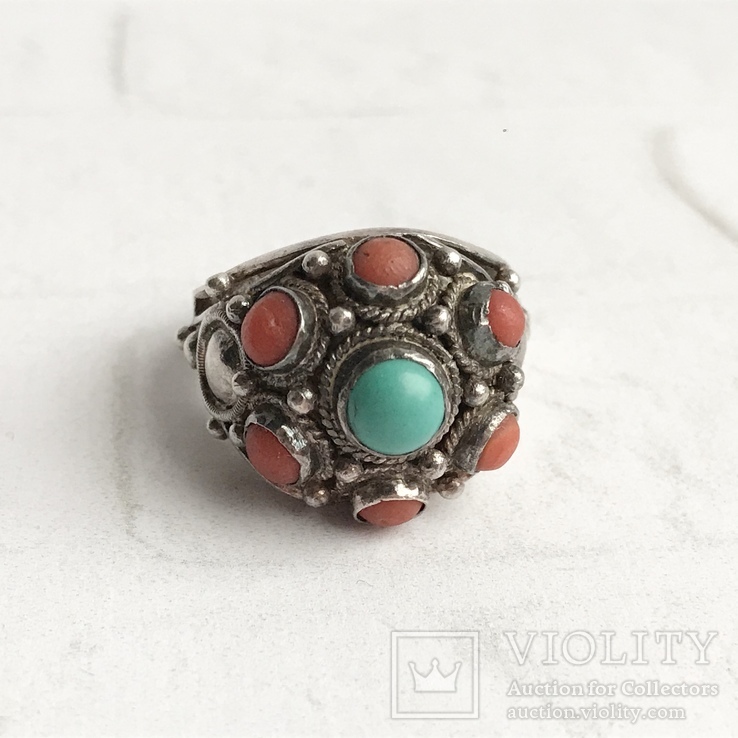 Старинное серебряное кольцо с кораллами и бирюзой, вес 9,41 грамм, фото №4