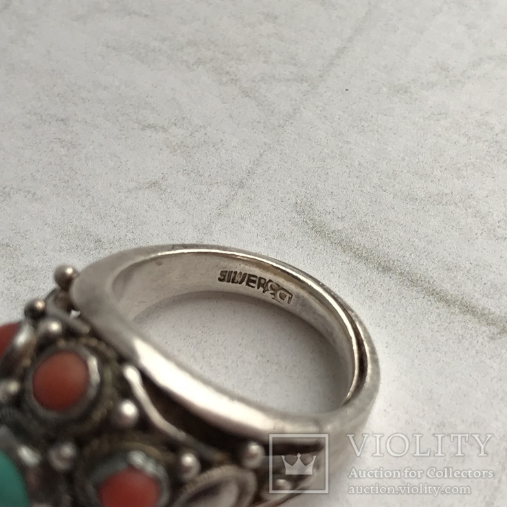 Старинное серебряное кольцо с кораллами и бирюзой, вес 9,41 грамм, фото №9