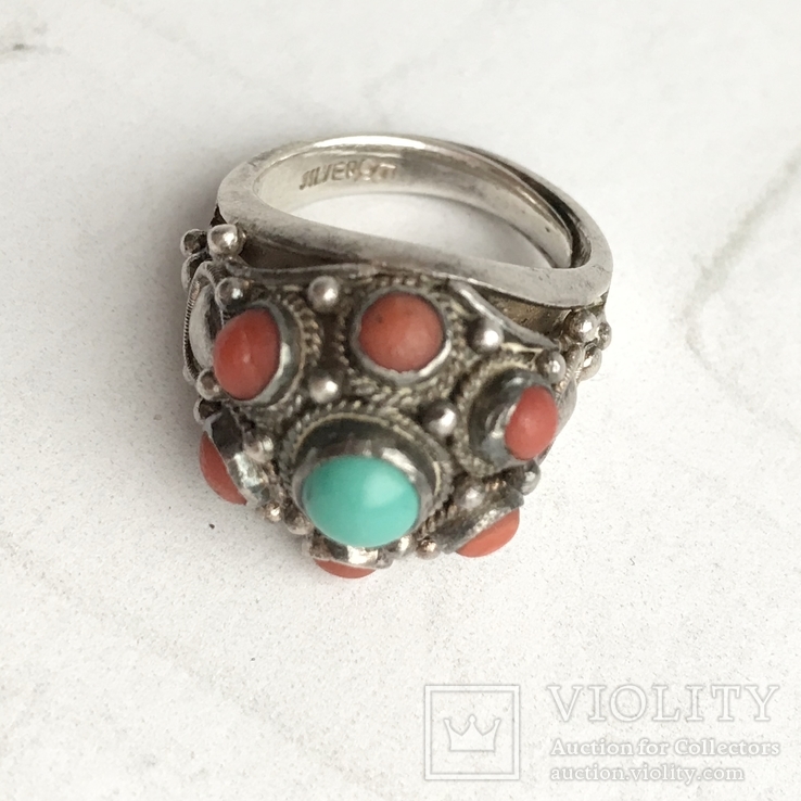 Старинное серебряное кольцо с кораллами и бирюзой, вес 9,41 грамм, фото №10