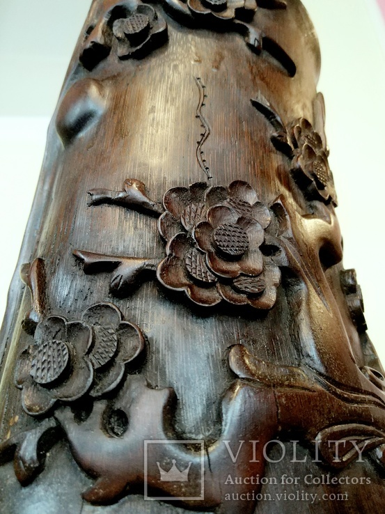 Ваза з бамбуку. 25 см. Різьблення, сакура. Японія., фото №3