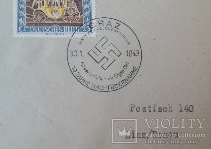 Коллекционный конверт из серии Tag der Briefmarke 1943 спецгашение штемпель Graz, фото №3