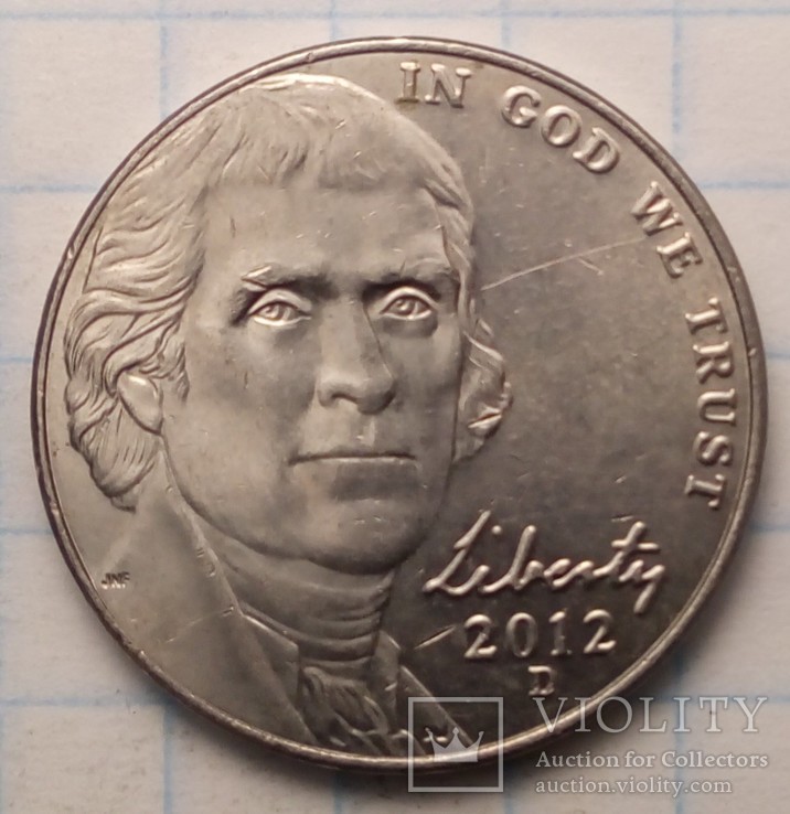 США 5 центов, 2012 год Отметка монетного двора: "D" - Денвер