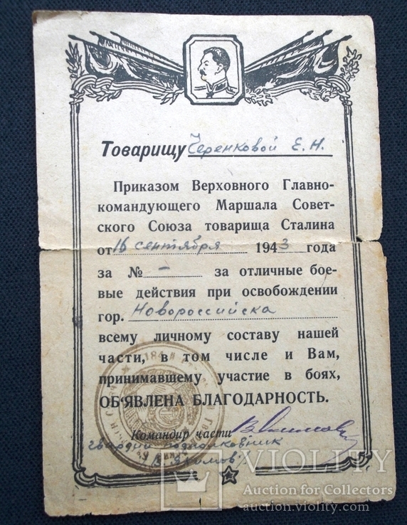 Гвардия, удостоверение, благодарность, Тамань, Новороссийск. 1943 г. Лот 3 шт., фото №4