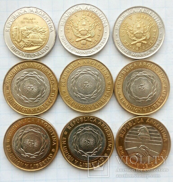 9 монет Аргентины, биметалл.