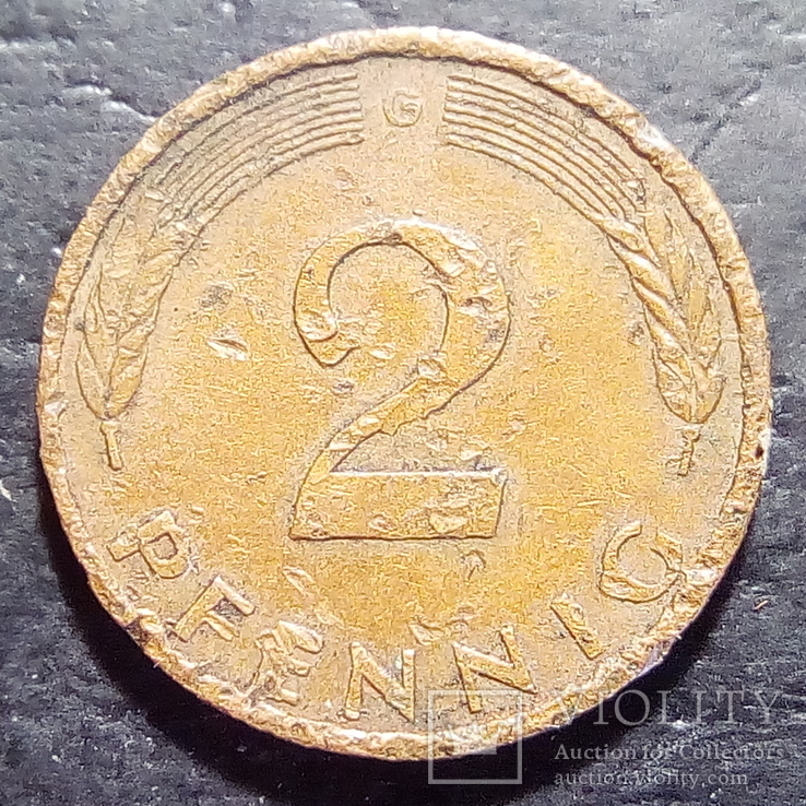 Германия 2 пфеннига 1990 год Метка монетного двора (G)  Карлсруе  (590), фото №3