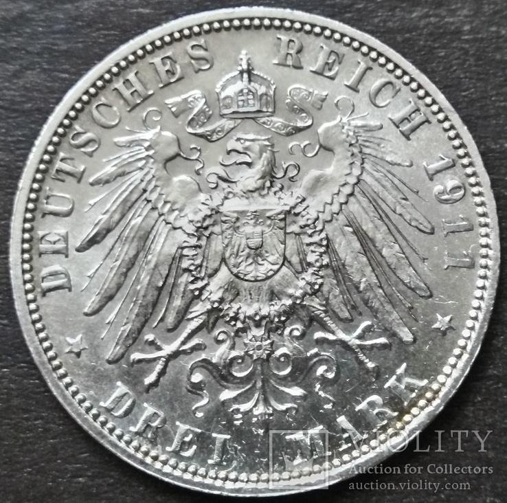 3 марки , Бавария 1911 год, Принц-регент Луитпольд (Леопольд), AU, фото №3