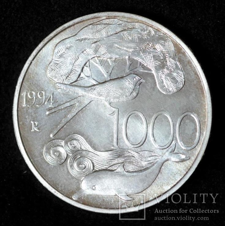 Серебряная монета Италии 1000 лир 1994 г. Флора и фауна Италии., фото №2