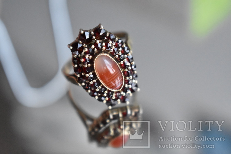 Серебрянный перстень чешские гранаты сердолик- глаз Венеры, фото №3
