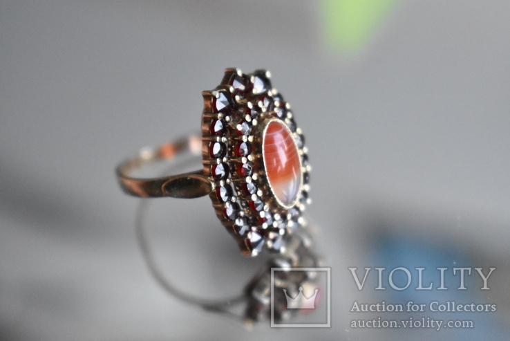 Серебрянный перстень чешские гранаты сердолик- глаз Венеры, фото №5