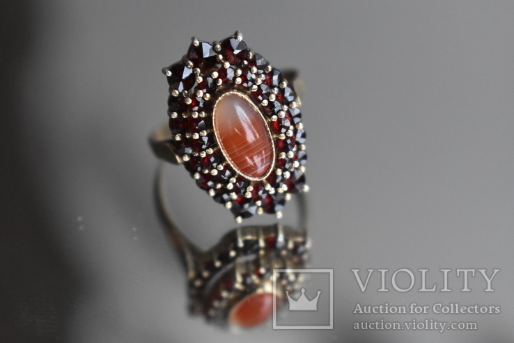 Серебрянный перстень чешские гранаты сердолик- глаз Венеры, фото №10