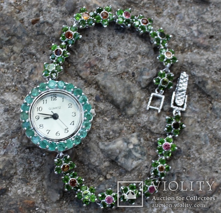 Серебряные часы с Изумрудами и Хром Диопсидами., фото №6