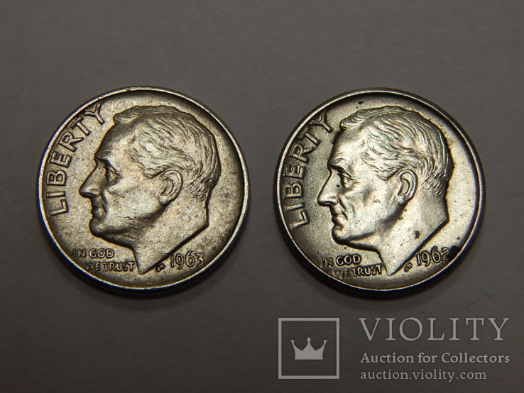 2 монеты по 1 дайму, США, 1962/63 г.г., фото №3