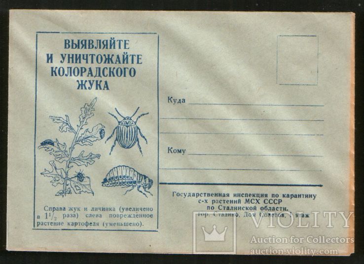 1950-е ХНК Агитационный конверт: Уничтожайте колорадского жука ! Сталино, с/х инспекция