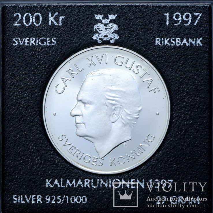 200 Крон 1997 600 лет Кальмарской унии (Серебро 0.925, 27г), Швеция, фото №2