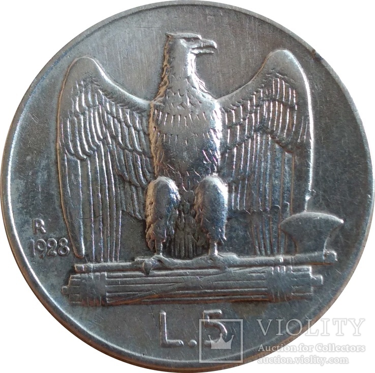 Италия 5 лир 1928,серебро ,С147 (редкий год), фото №3