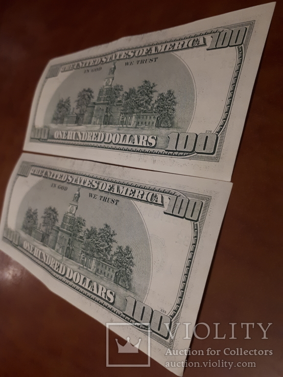 Две банкноты 100 долл. США, 2006 года с серийными номерами по порядку, фото №4