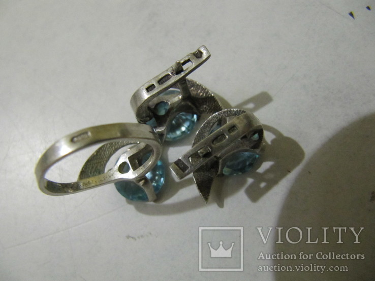 Кольцо и серьги серебряные с золотыми пластинами с кубическим цикорием цвет "Лаванда"., фото №5