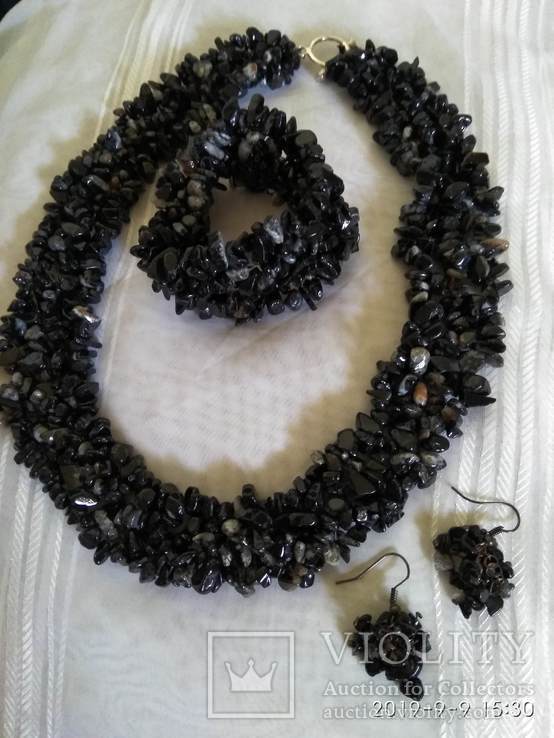 Ожерелье из натурального камня чёрный агат. 3в1, фото №2