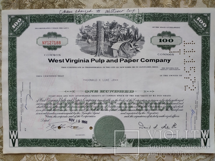 США акции, 1966г WEST VIRGINIA PULP AND PAPER COMPANY №109