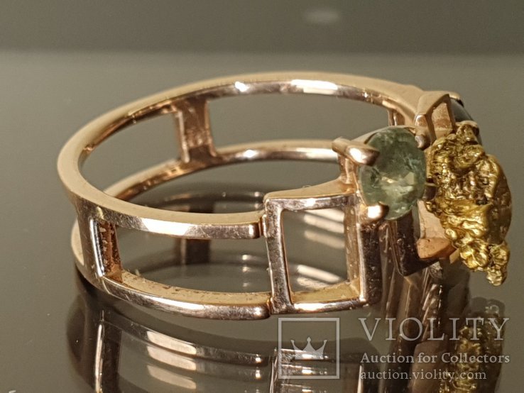 Золотое (585) кольцо с золотым самородком, хризобериллом, демантоидом, фото №6