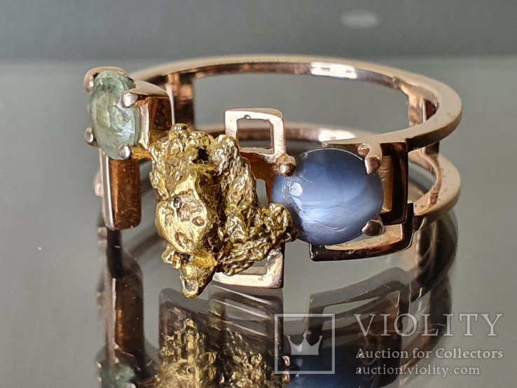 Золотое (585) кольцо с золотым самородком, хризобериллом, демантоидом, фото №8