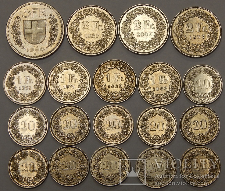 19 монет Швейцарии (на 17,2 франка)