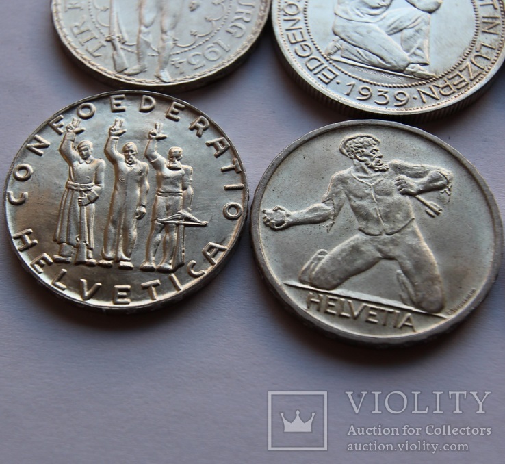 Лот 5 франков 1934 . 1939 . 1939 . 1941 . 1944 . 1948 Швейцария серебро, фото №5