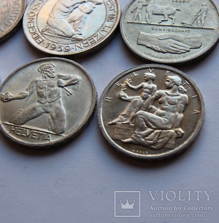 Лот 5 франков 1934 . 1939 . 1939 . 1941 . 1944 . 1948 Швейцария серебро, фото №6