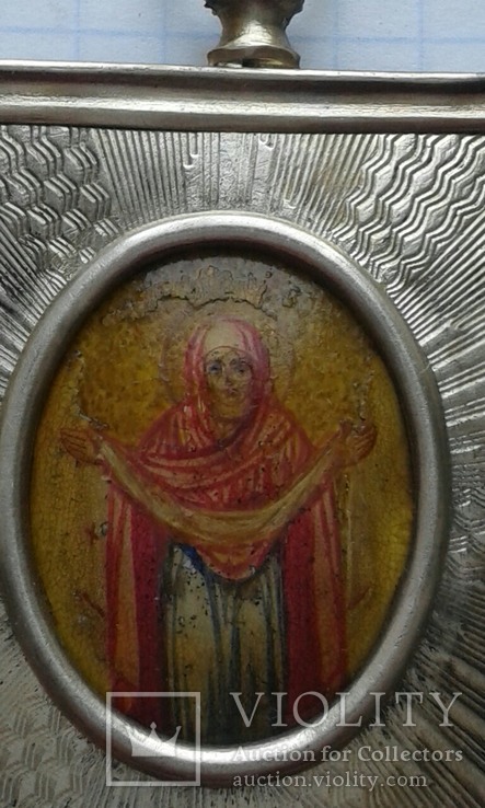 Икона на перламутре "Покрова" в серебряном окладе 84, фото №6