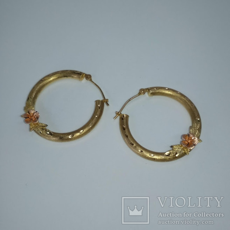 Золотые (10к) серьги-кольца с цветком, фото №7