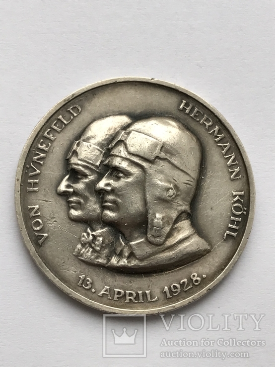 Настольная медаль Перелет через Атлантику 1928 год. Бремен, Германия, серебро, фото №2