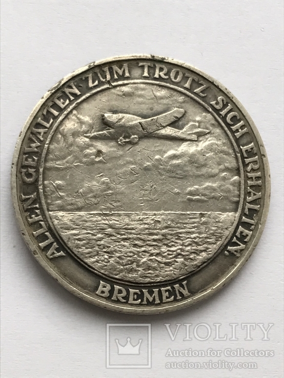 Настольная медаль Перелет через Атлантику 1928 год. Бремен, Германия, серебро, фото №5