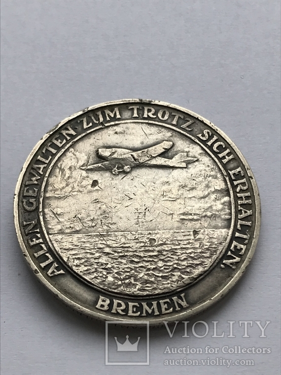 Настольная медаль Перелет через Атлантику 1928 год. Бремен, Германия, серебро, фото №6