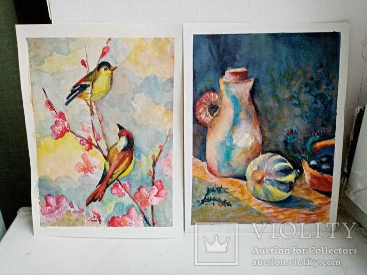 Птицы и кувшин.  два   акварельных  рисунка, фото №2