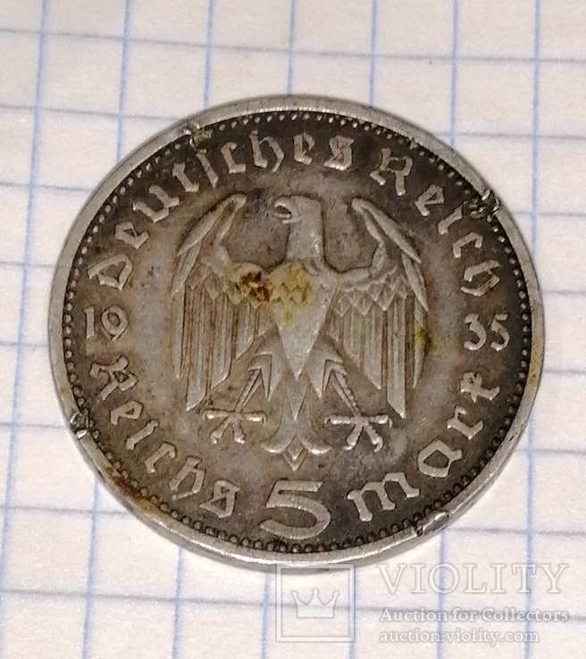 Монета 5 марок Германия. Пауль фон Гинденбург. 1935 год. Серебро., фото №5