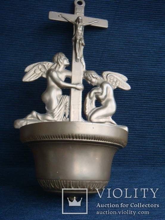 Настенная чаша для святой воды (крест, ангелы), латунь., фото №3