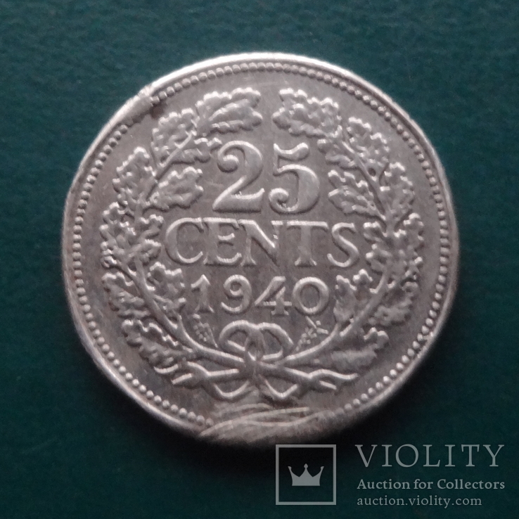 25  центов  1940  Нидерланды серебро   (Й.5.36)~, фото №2
