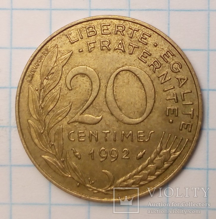 Франция 20 сантимов, 1992 год  Монетное отношение аверс/реверс (180°), фото №2