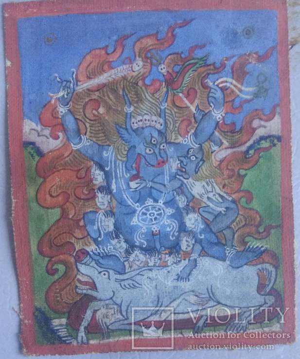 Миниатюрная тибетская тханка Дхармапала 4. 19 век, фото №2