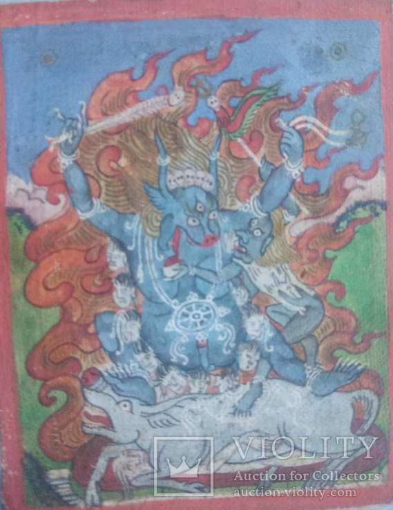 Миниатюрная тибетская тханка Дхармапала 4. 19 век, фото №3
