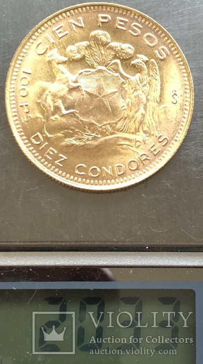 100 песо 1958 год Чили золото 20,33 грамм 900’, фото №4