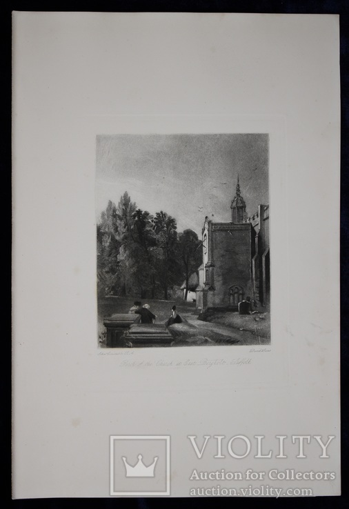Гравюра. Дж. Констебл - Лукас. " Церковь в Бергхольте". До 1840 года. (42,8 на 29 см)., фото №8