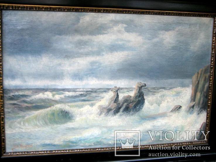 Старовинний трофейний  морський пейзаж європейського художника, фото №4