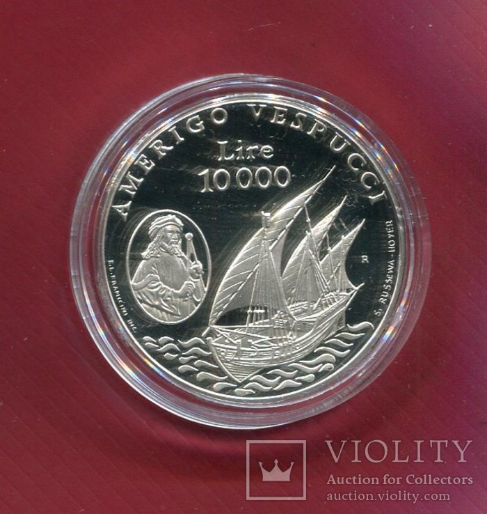 Сан Марино 10000 лир 1995 ПРУФ серебро Парусник, фото №2