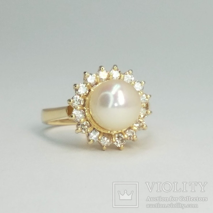 Золотое кольцо с жемчугом и бриллиантами, фото №3