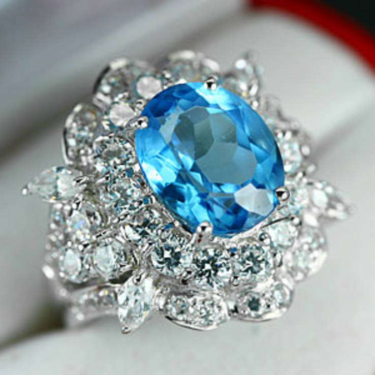 Кольцо 925 натуральный голубой топаз, цирконий., фото №3