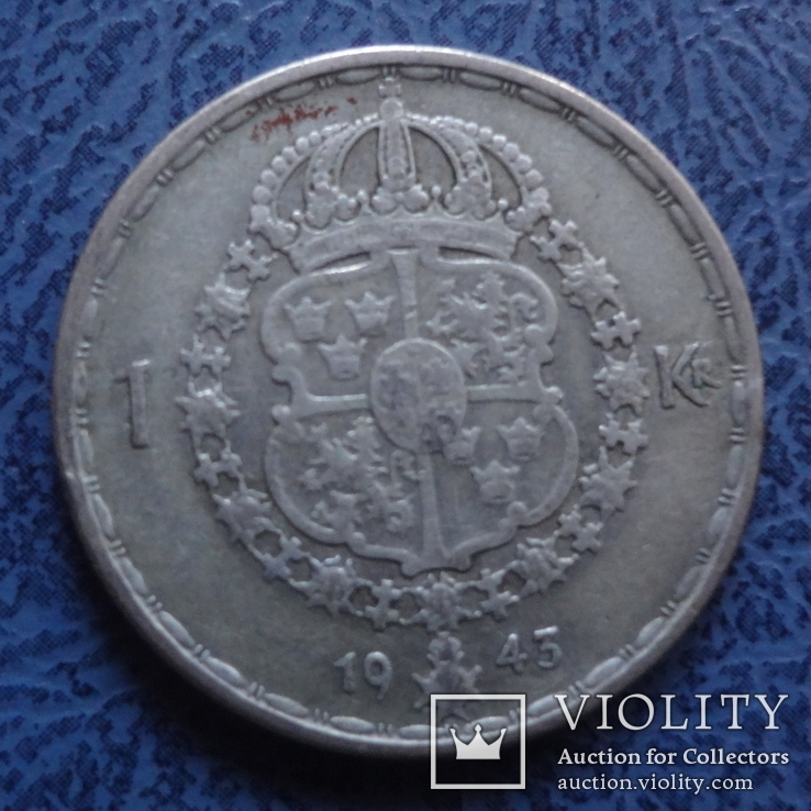 1 крона  1943  Швеция  серебро   (2.6.20)~, фото №2