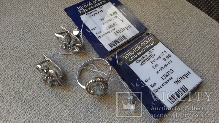 Серьги и кольцо серебро 925 с аквамаринами и цирконами., фото №3