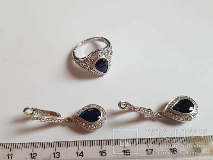 Кольцо + серьги. Серебро 925 проба. Синий камень. Размер 17.5, фото №6